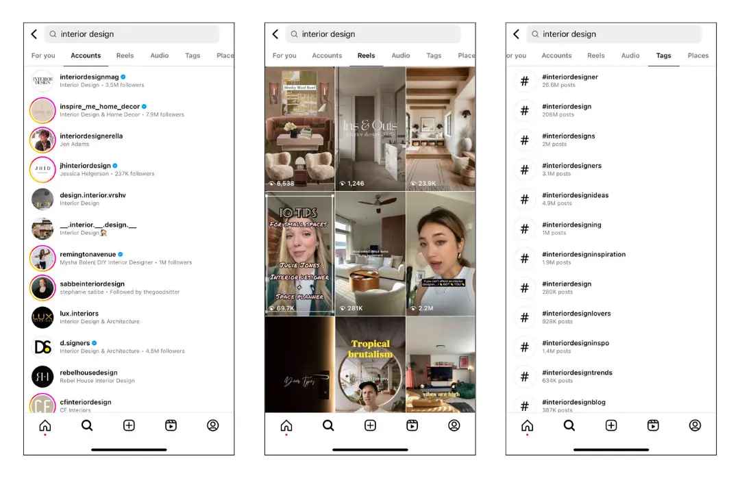 Instagram'da "iç mekan tasarımı" kelimesiyle yapılan arama sonuçlarını gösteren görseller. Görsellerde, popüler hesaplar, Reels içerikleri ve ilgili hashtag'lerin sıralama mantığına göre listelendiği görülmektedir. Instagram SEO stratejileri ile içeriklerin arama sonuçlarında nasıl üst sıralara çıkabileceği gösteriliyor.